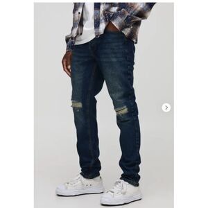boohooMan Slim Rigid Subtle Ripped Knee Vintage Blue Jeans